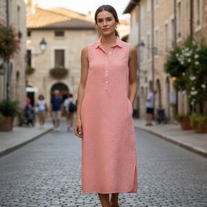Artisan NY, Coral/ Salmon Linen Button Up Dress XS